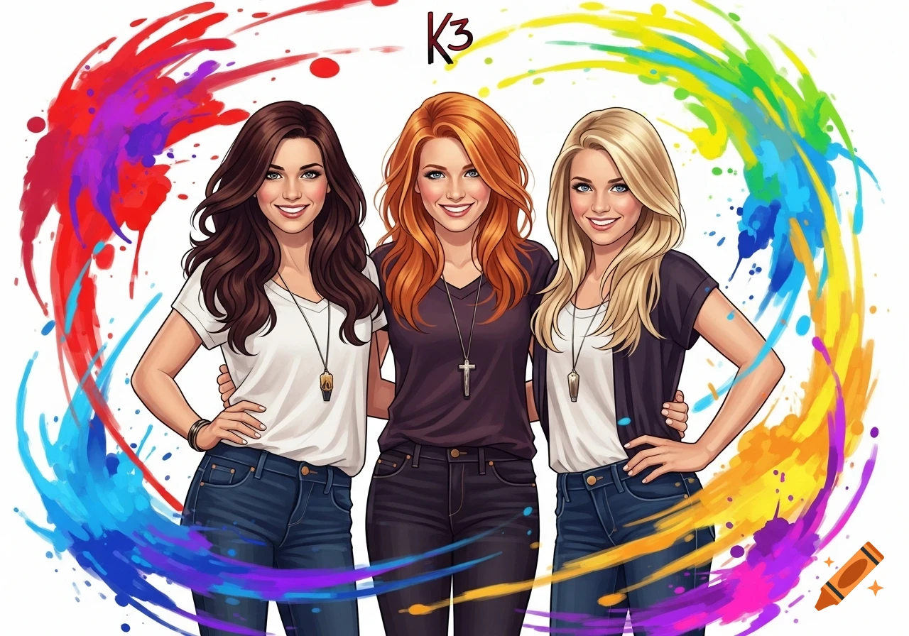 Cartoon illustration of three smiling women, a brunette, a redhead, and a blonde, surrounded by colorful paint splatters with K3 text.