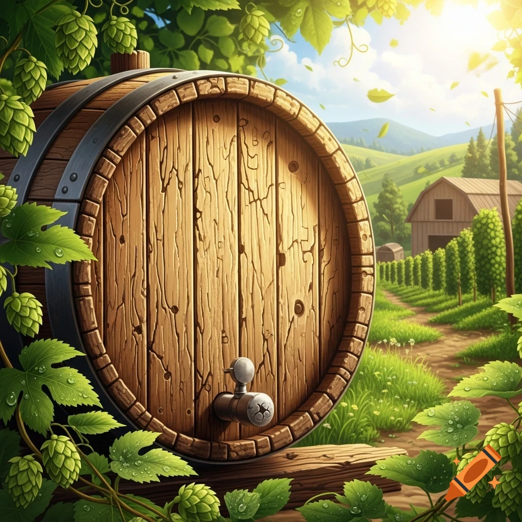 A wooden beer barrel with a spigot, surrounded by green hops vines and leaves with water droplets, sits in a sunny countryside vineyard.