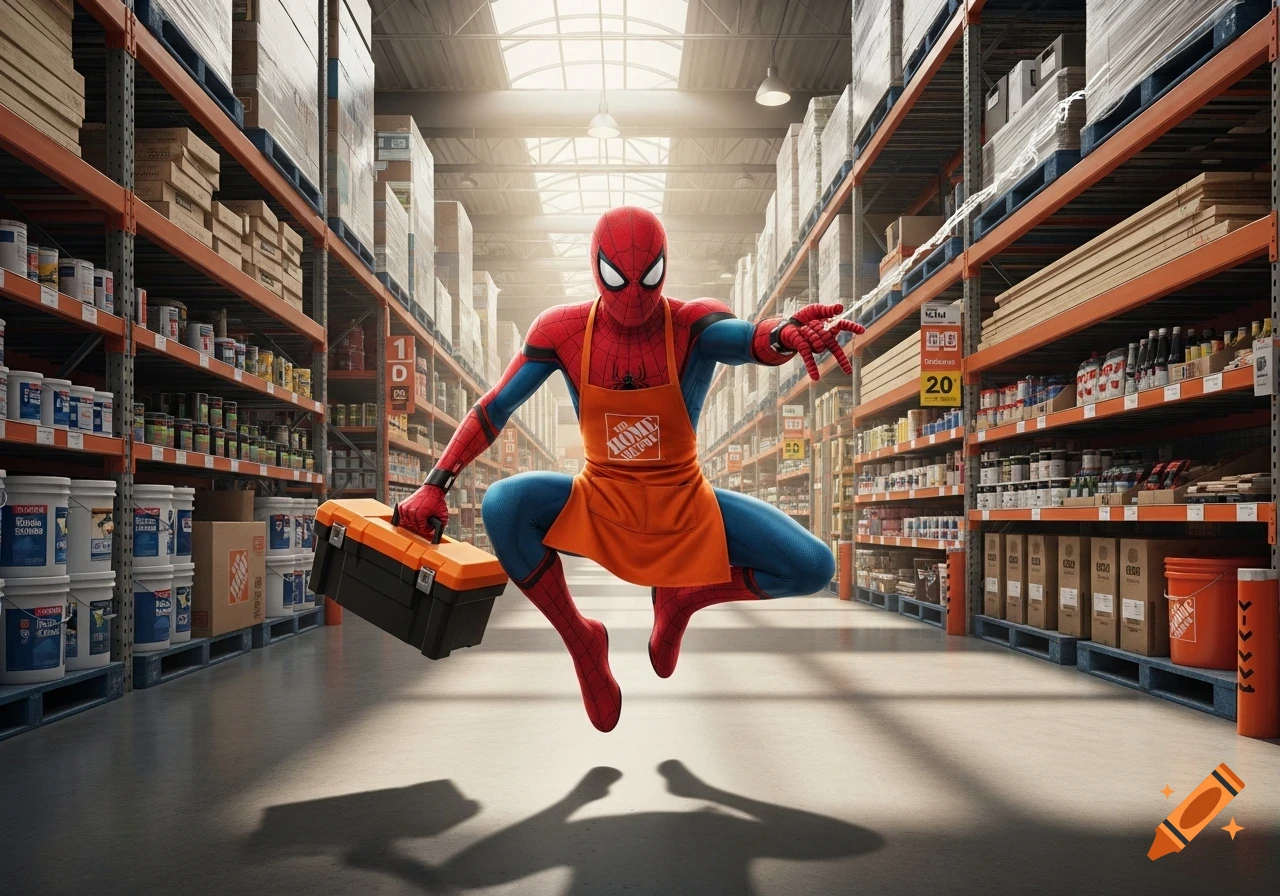 Photorealistic Spider-Man in a Home Depot apron floats in a store aisle, holding an orange toolbox.