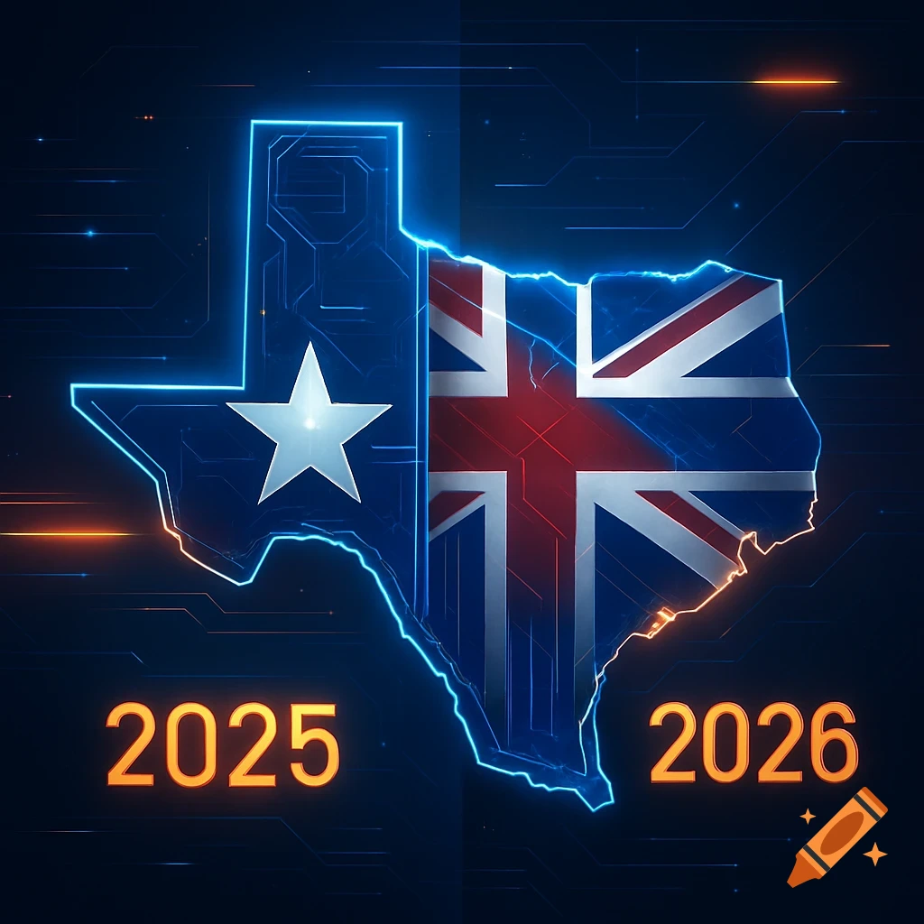Stylized split map: left is Texas flag outline with a star, right is the UK flag, on a dark circuit background with numbers 2025 and 2026.