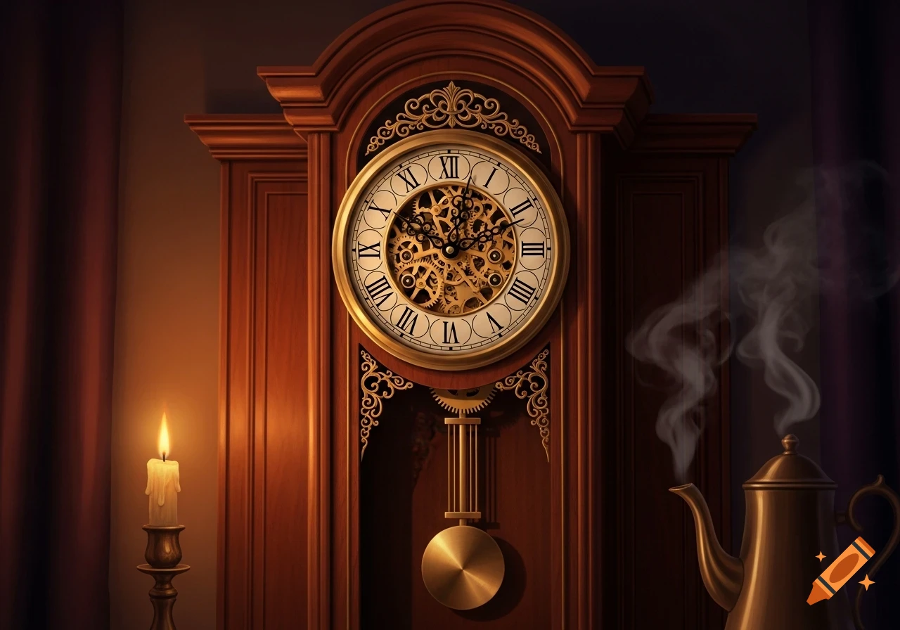 A detailed image of a wooden grandfather clock with an ornate gold face, a lit candle, and a steaming brass teapot.
