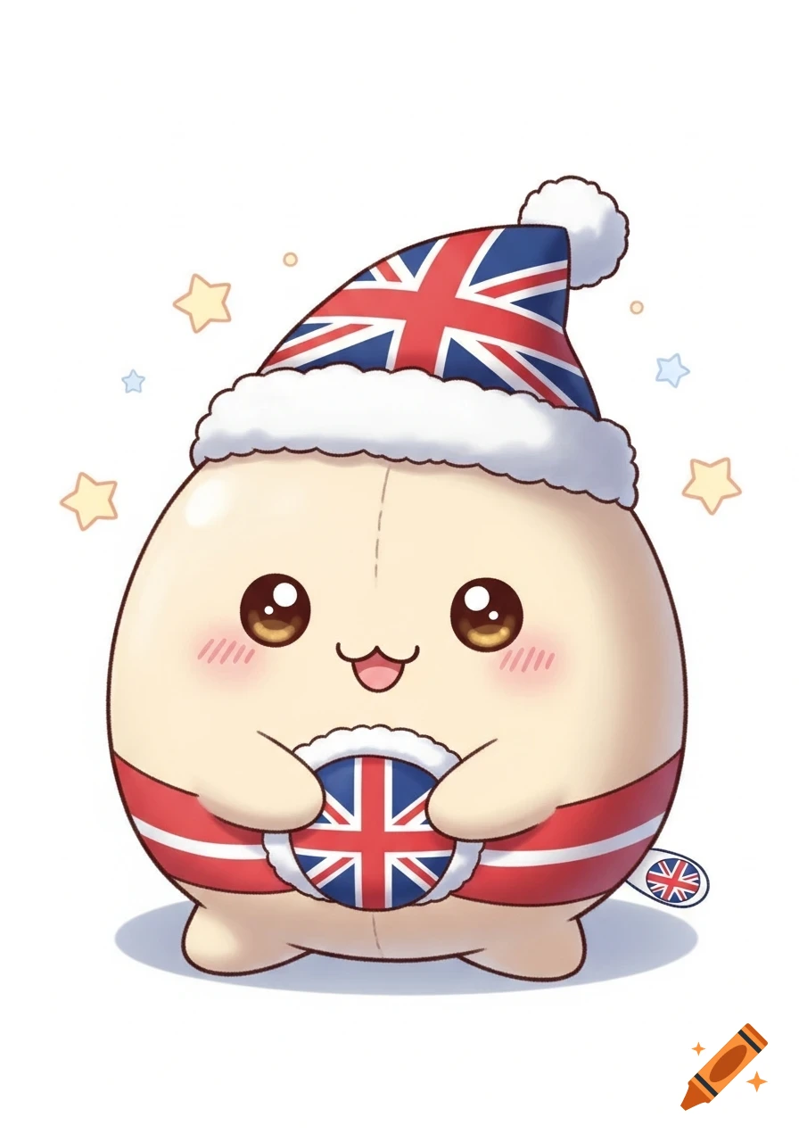 A cute, round, plush-like character with big eyes and a smile, wearing a Union Jack Santa hat and holding a Union Jack emblem.