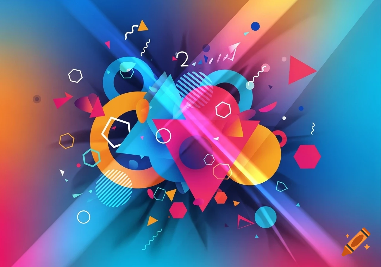 Vibrant abstract artwork with overlapping colorful geometric shapes like circles, triangles, and hexagons radiating from the center.