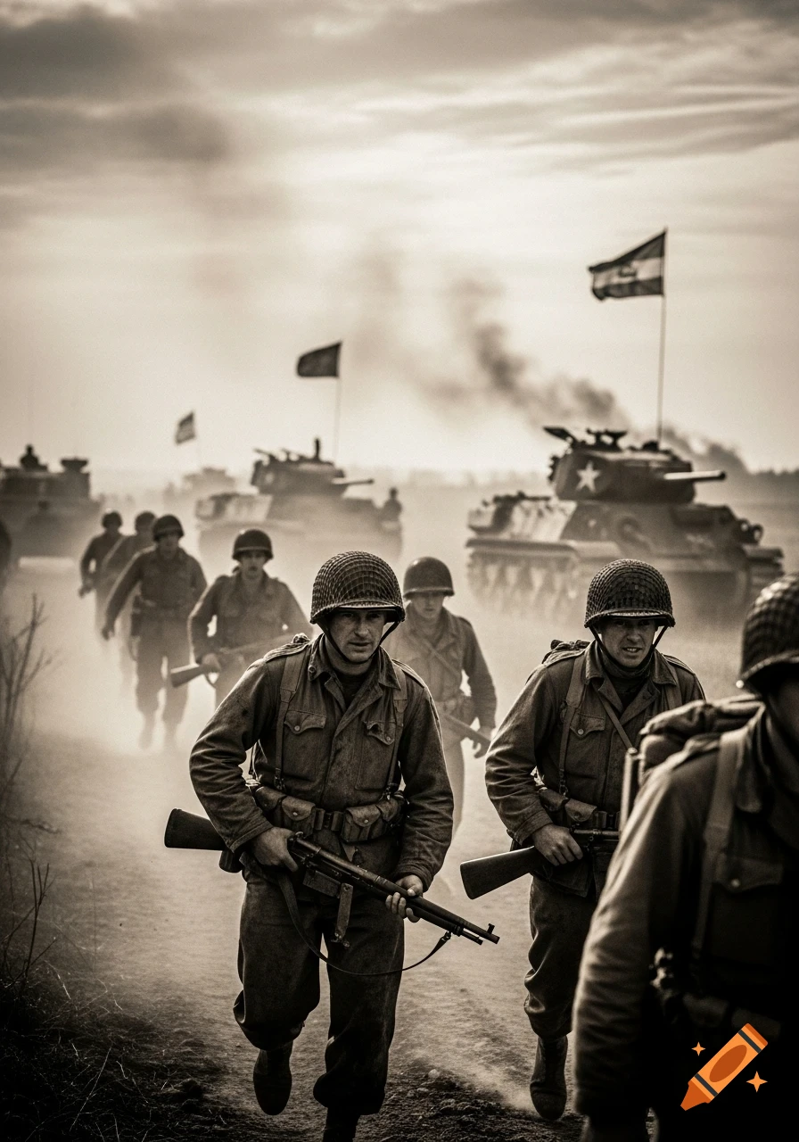 Sepia-toned photo of soldiers in helmets and uniforms advancing with rifles, tanks, and flags in a smoky battlefield.