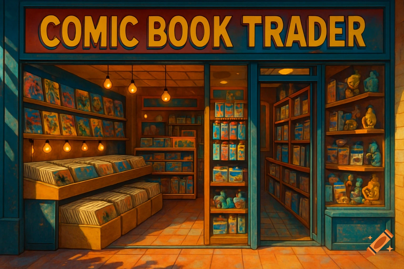 A vibrant, stylized illustration of a comic book store storefront with the sign "Comic Book Trader" and shelves inside.