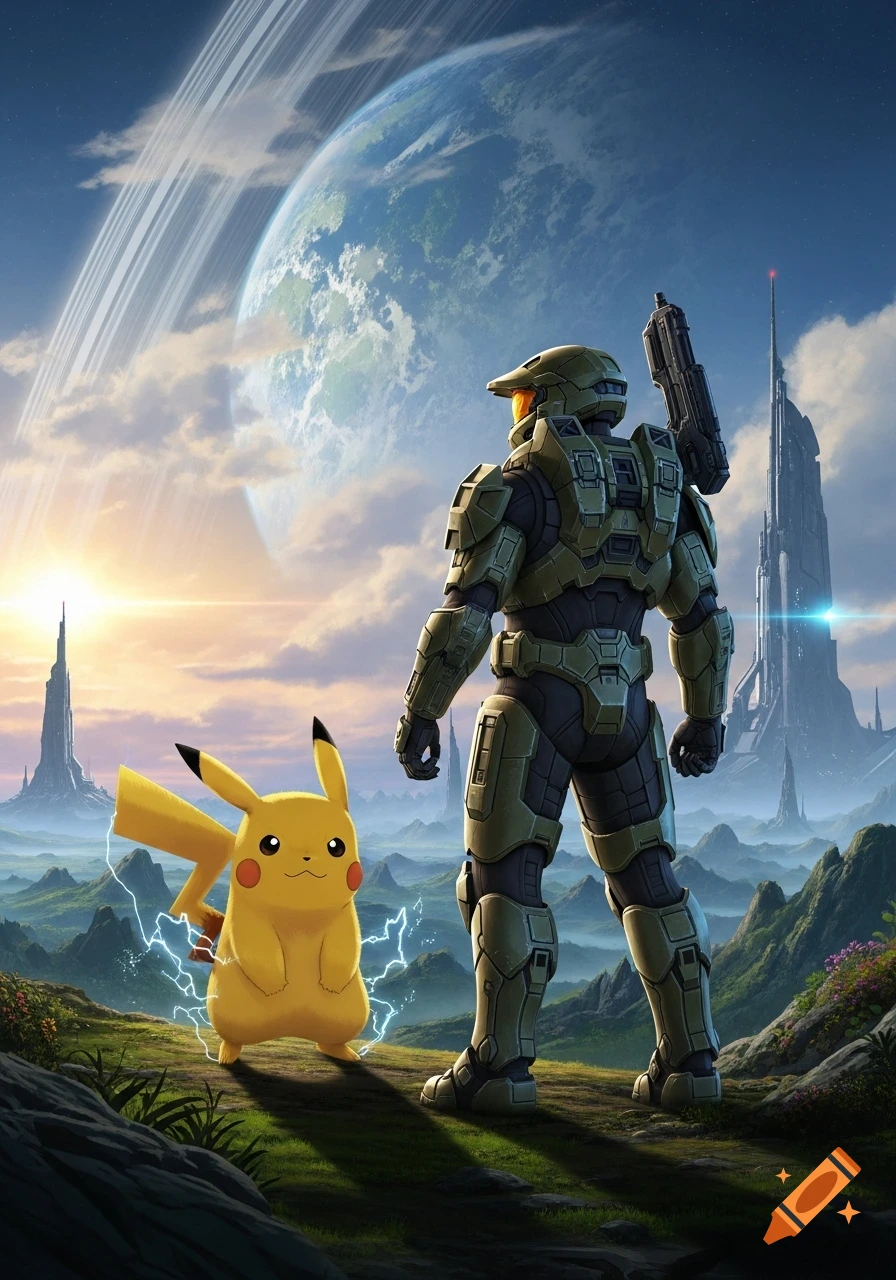 Pikachu and Master Chief stand on an alien planet with futuristic spires and a large ringed planet in the sky.