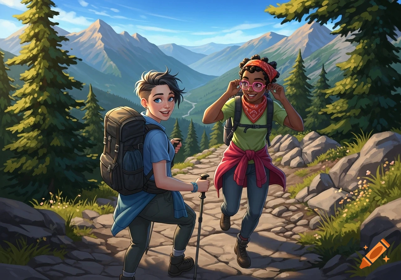 Two illustrated friends hike a rocky mountain path. One has short dark hair, blue eyes, and a backpack; the other has brown skin, pink glasses, and a red bandana.