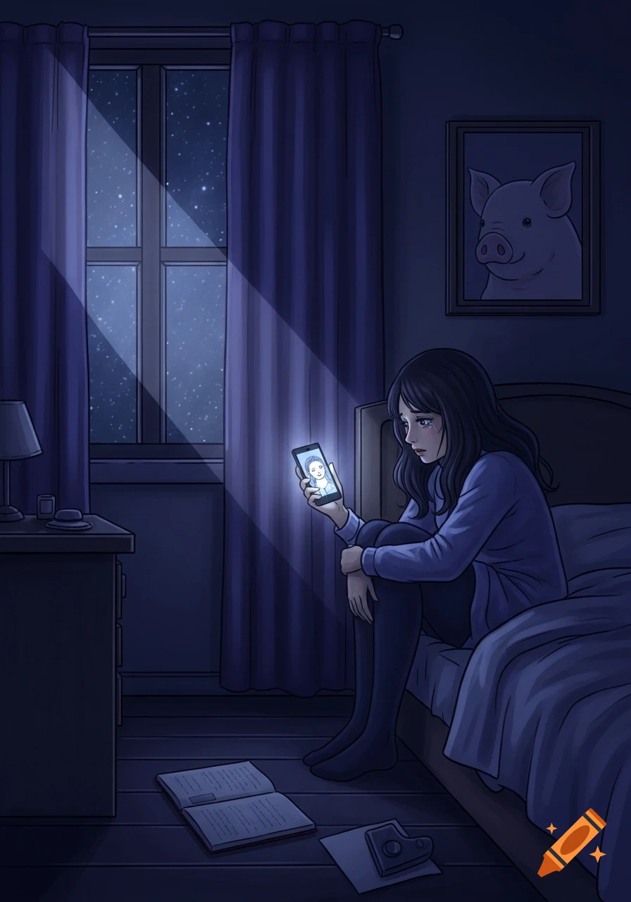 A crying girl sits on her bed in a dark room, looking at her phone displaying a pig-headed figure. A pig portrait hangs on the wall.