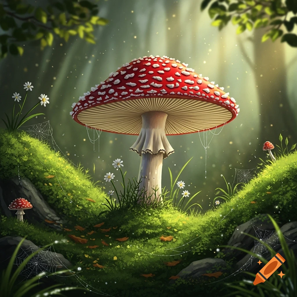 A large red and white spotted mushroom stands in a whimsical, magical forest clearing, surrounded by green moss, white flowers, and glistening spiderwebs, with dappled light filtering through trees.