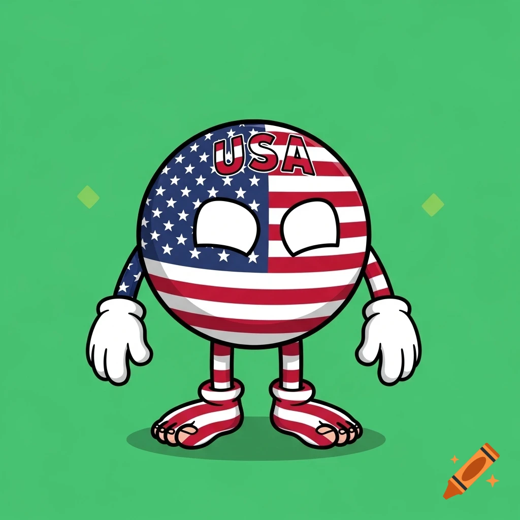 Cartoon USA countryball character with white hands and bare feet, standing on a green background.