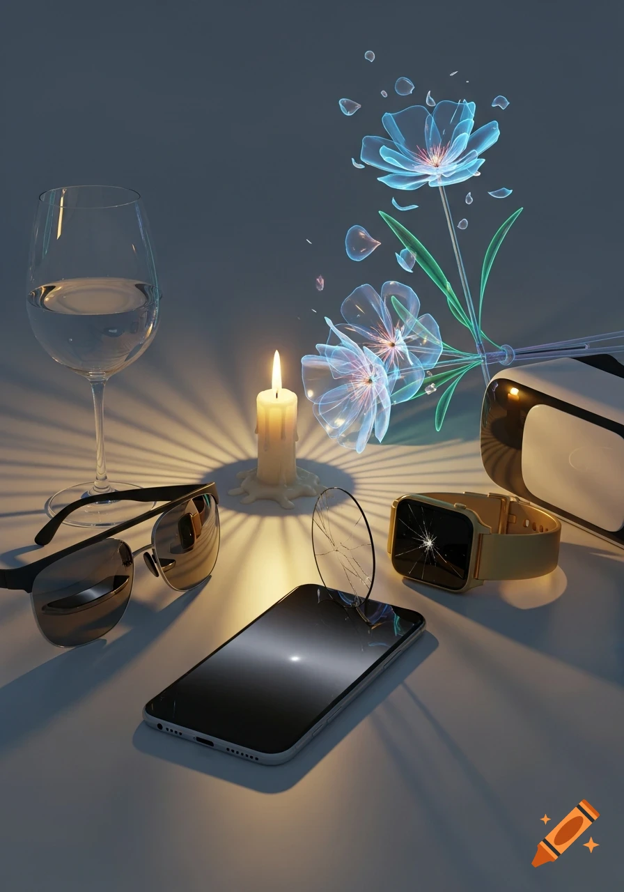A modern still life with a lit candle, wine glass, sunglasses, VR headset, and cracked smartphone and smartwatch, surrounded by ethereal glowing flowers.