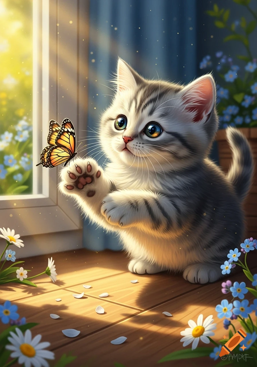 A fluffy, cute kitten with big eyes reaches for a monarch butterfly by a sunlit window, surrounded by flowers.