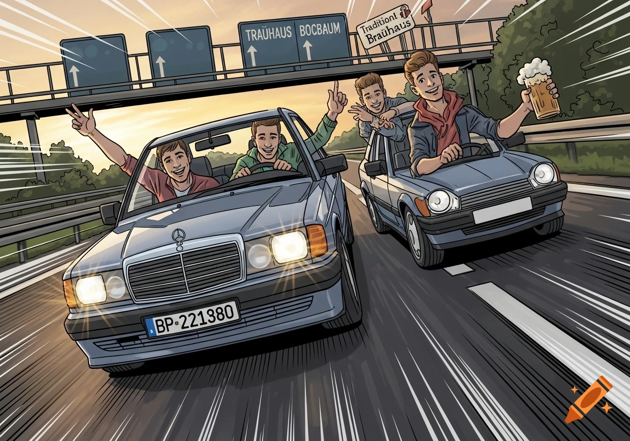 Four young men in two vintage cars speeding on a highway towards a brauhaus, in a comic art style.