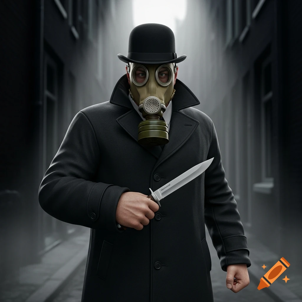 A menacing figure in a black coat, bowler hat, and gas mask holds a large knife in a dark alley, photorealistic.