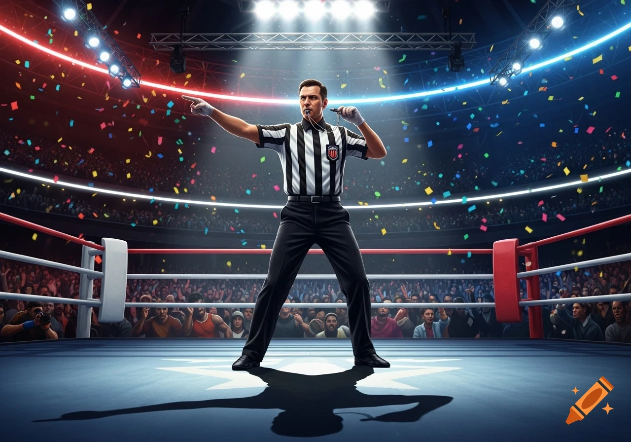 A boxing referee stands in a ring, pointing, holding a whistle, with a stadium crowd and confetti under bright lights.