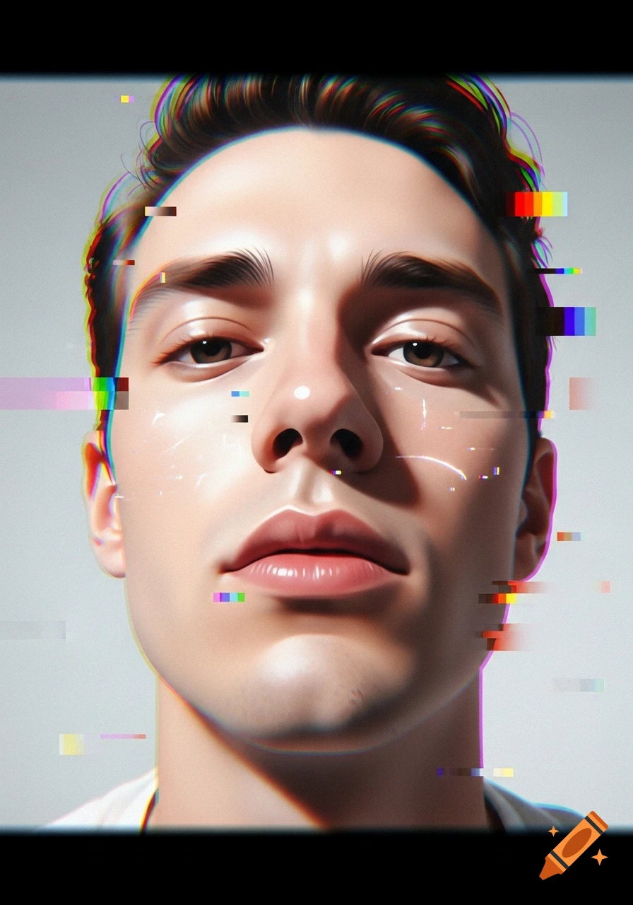 A stylized, close-up portrait of a young man with digital glitch effects and colorful pixelation.