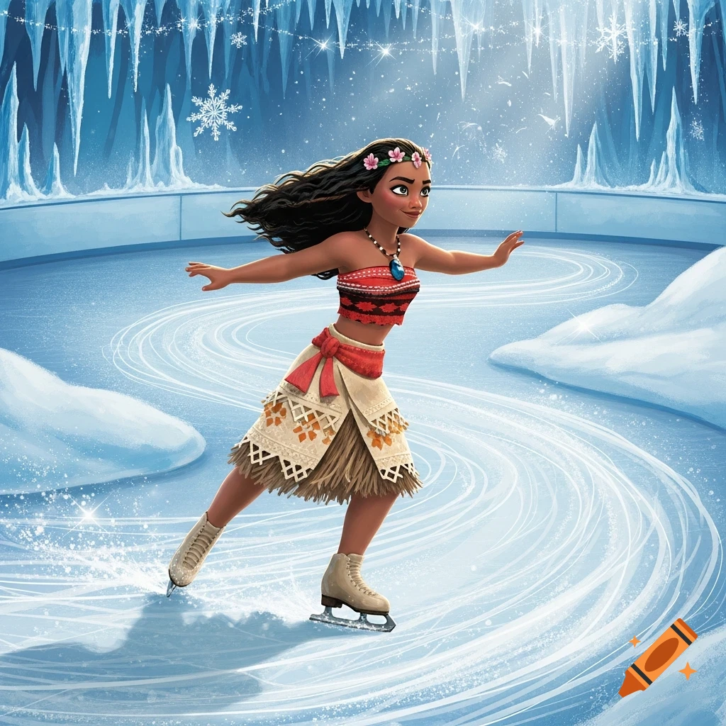 Animated Moana from Disney ice skating with arms outstretched on a rink surrounded by icicles.