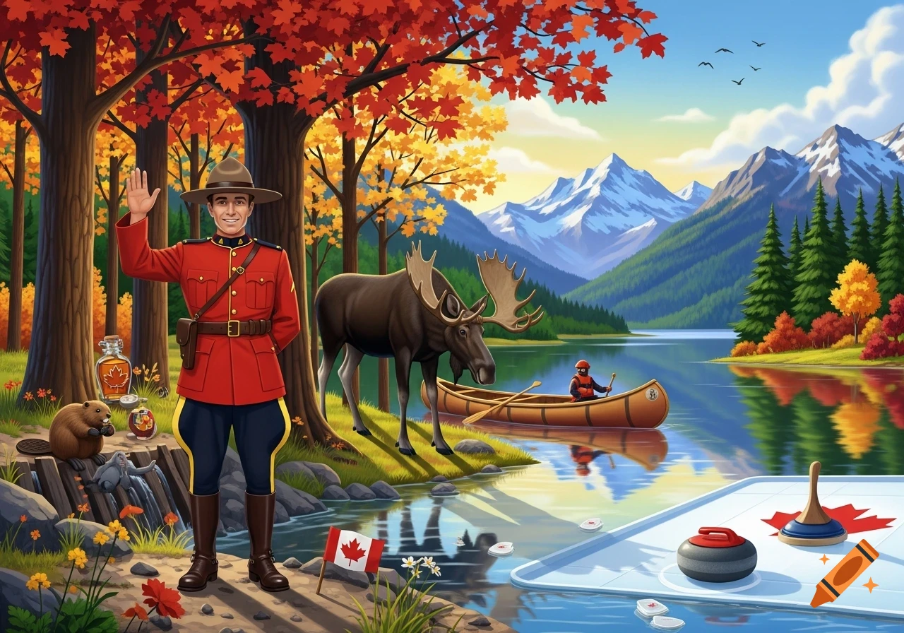 A cartoon illustration of a Canadian Mountie waving in an autumn landscape with a moose, beaver, canoe, mountains, and Canadian symbols.