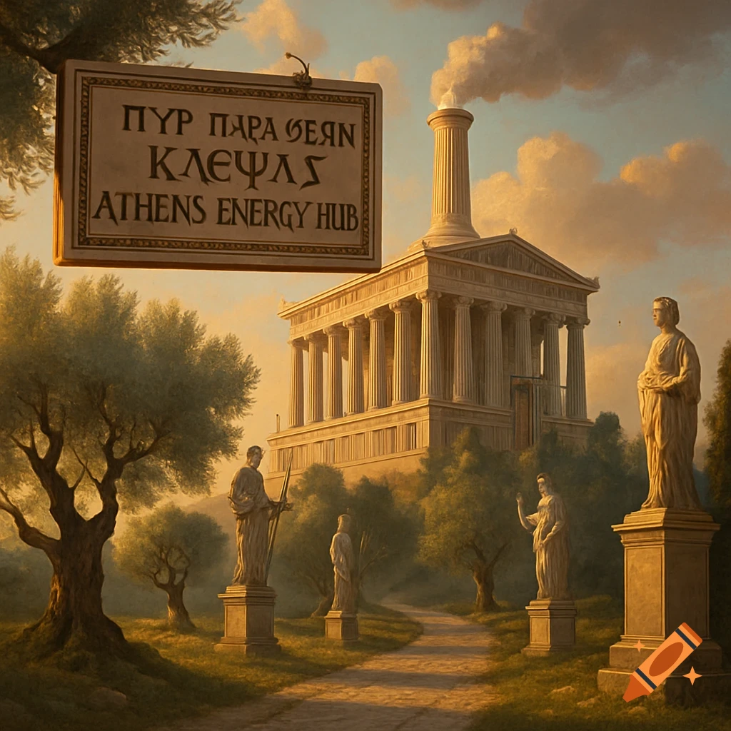 A classical Greek temple-like building with a smokestack, surrounded by olive trees and statues, under a sunset sky. A sign reads 'Athens Energy Hub'.