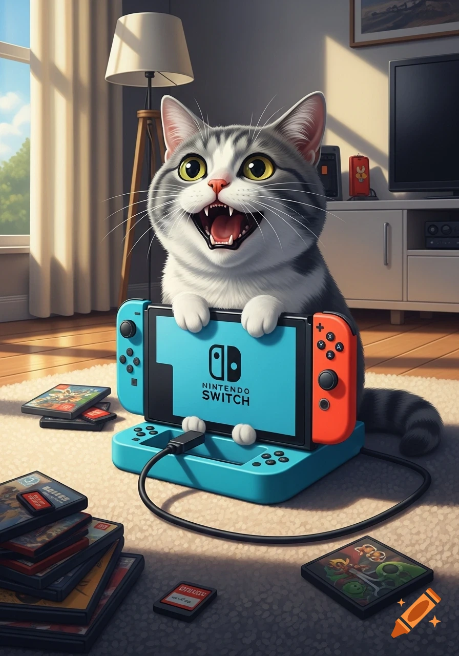 A cute, excited grey and white cat holds a Nintendo Switch screen in its mouth area, surrounded by game cartridges on a rug.