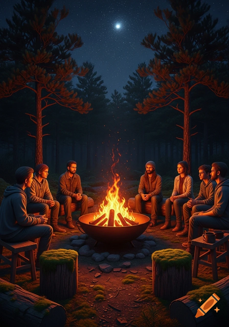 A photorealistic image of people sitting around a bright campfire in a dark forest under a starry night.