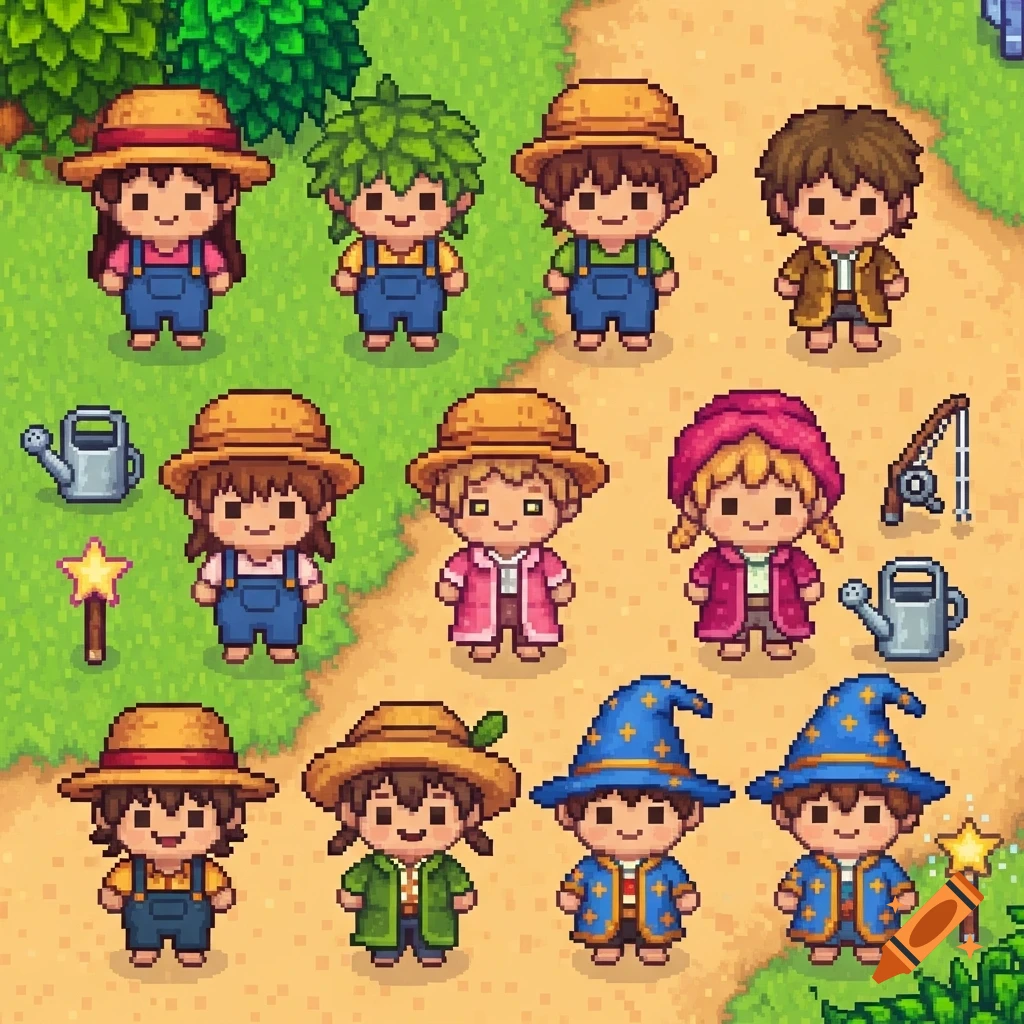 Cute pixel art characters resembling Stardew Valley sprites, including farmers and wizards, with tools like watering cans and fishing rods.