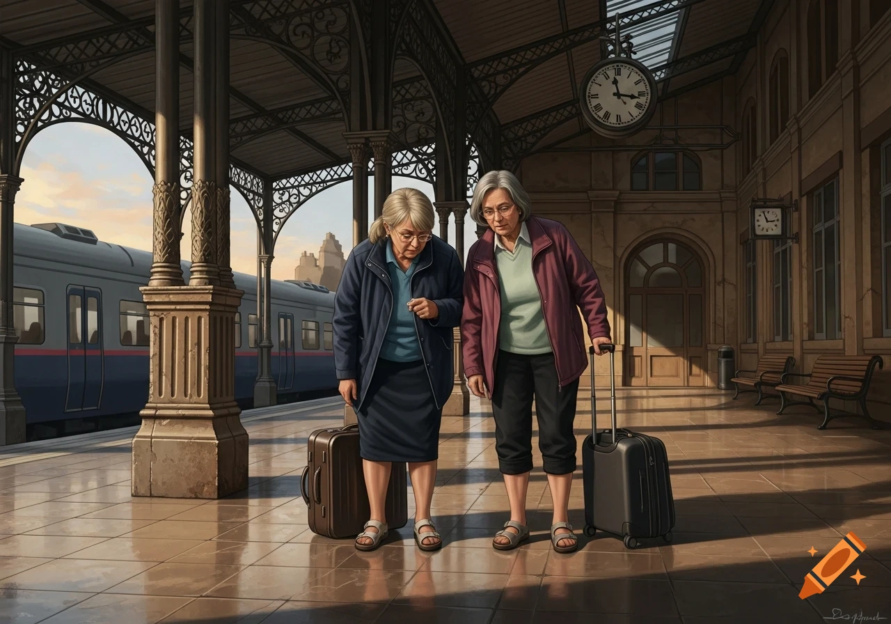 Two older women with luggage stand on a train station platform, looking down at their feet in sandals, a train in the background.