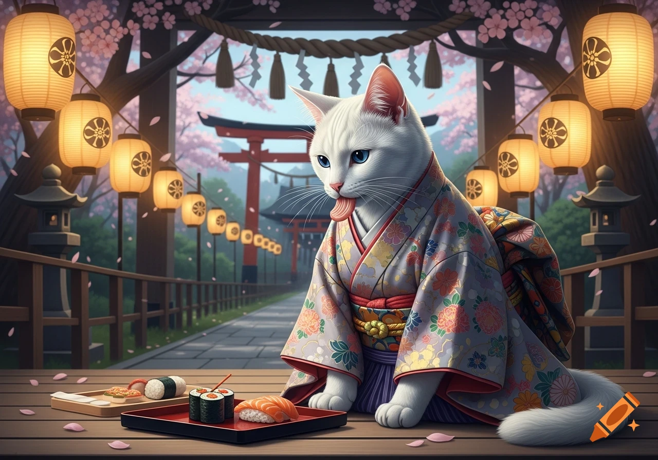 A white cat in a floral kimono licks its lips, looking at sushi on a wooden table in a cherry blossom-filled Japanese shrine.