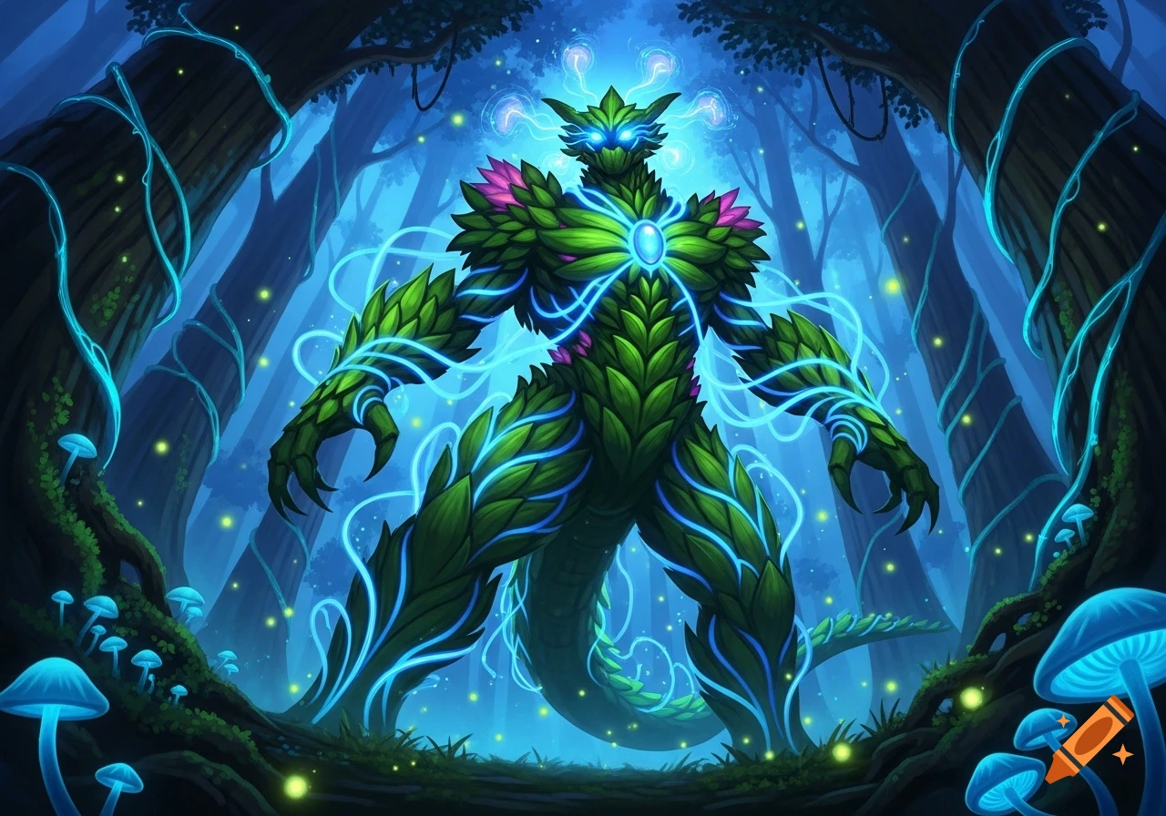 A vibrant plant and plasma monster with glowing blue lines stands in a mystical blue forest with bioluminescent mushrooms.