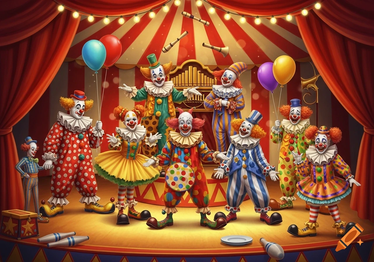Many colorful clowns in a vibrant circus tent with balloons and juggling pins on a stage.