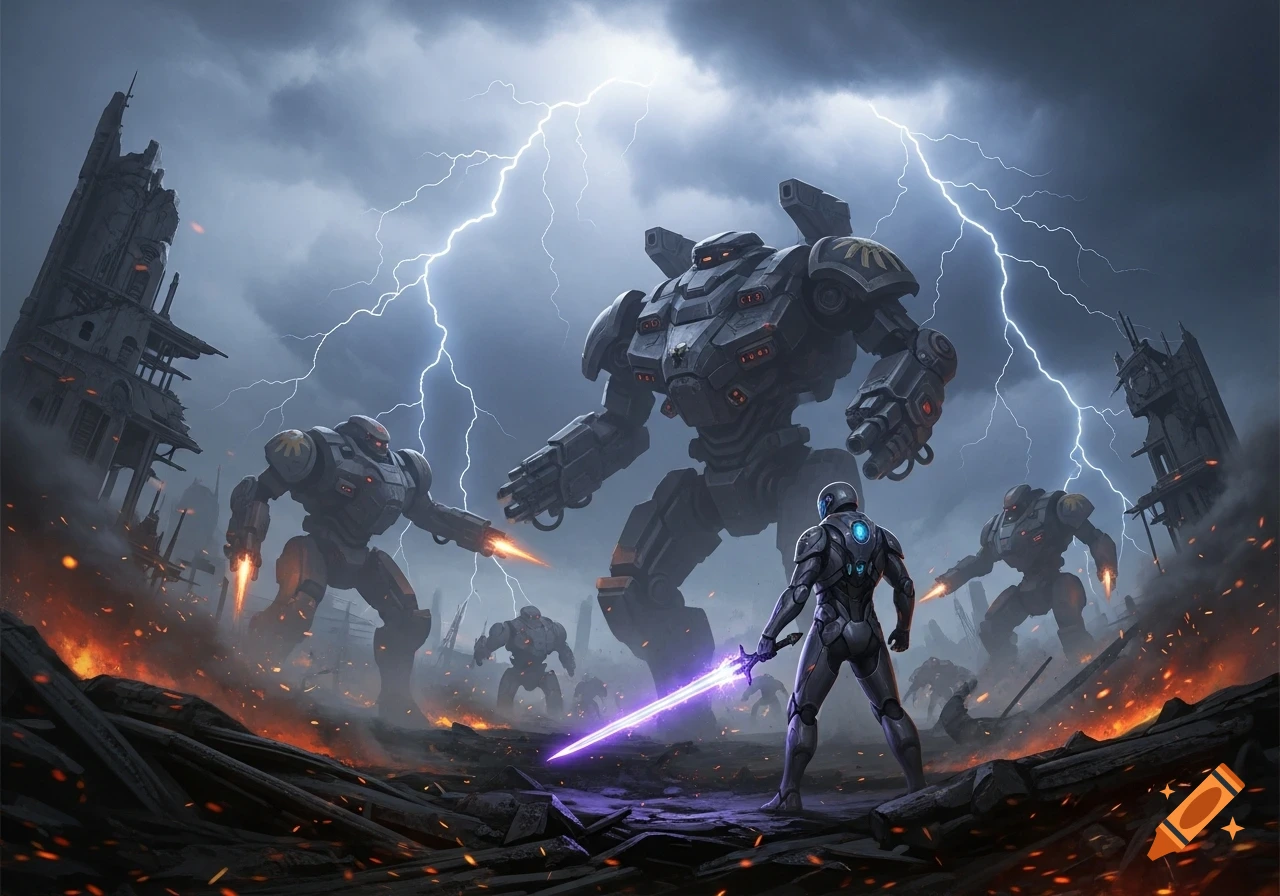 A futuristic soldier with a glowing sword faces multiple large mechs in a fiery, ruined city under a stormy, lightning-filled sky.