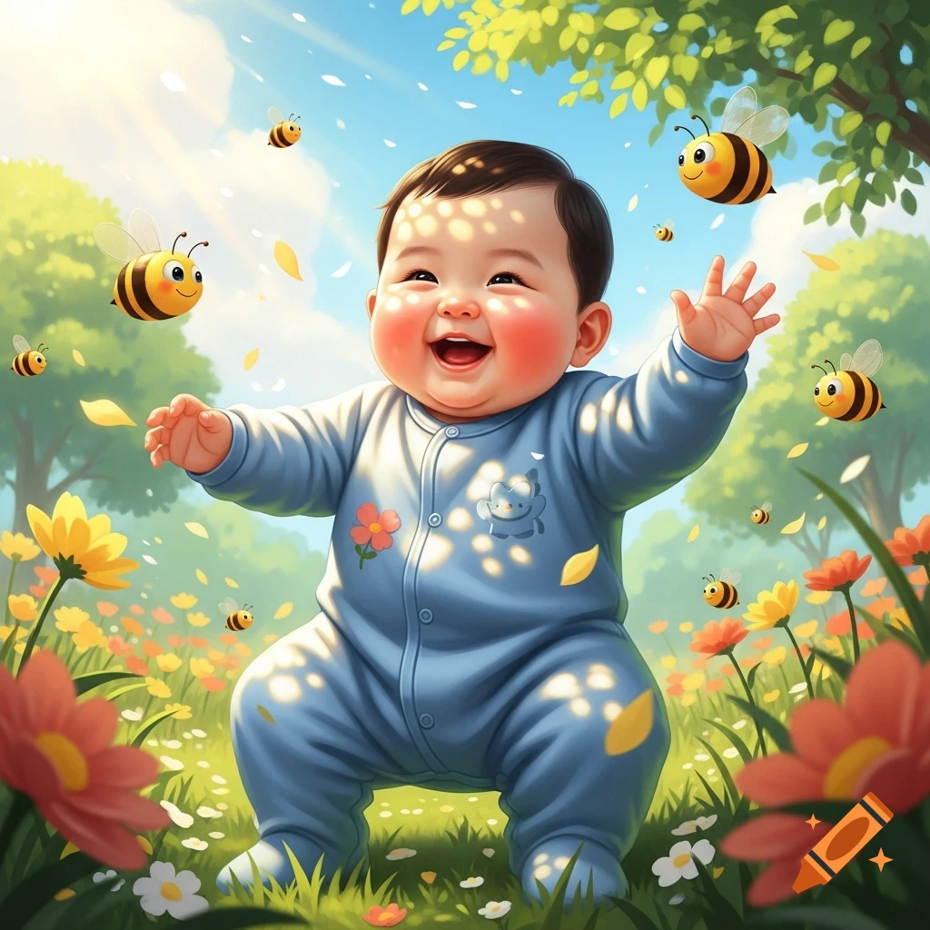 A joyful plump baby in a blue onesie stands in a sunny meadow filled with colorful flowers and happy bees, in a vibrant cartoon style.