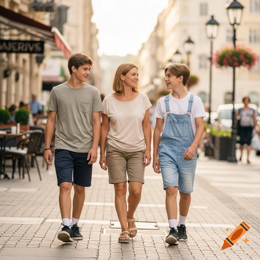 A mother and her two teenage sons walk and chat on a sunny city street lined with buildings and shops.