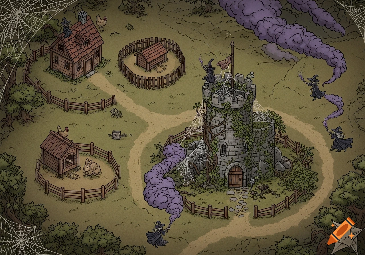 Top-down fantasy map illustration of a witch's village with a tower, house, farm animals, witches, and spiderwebs.