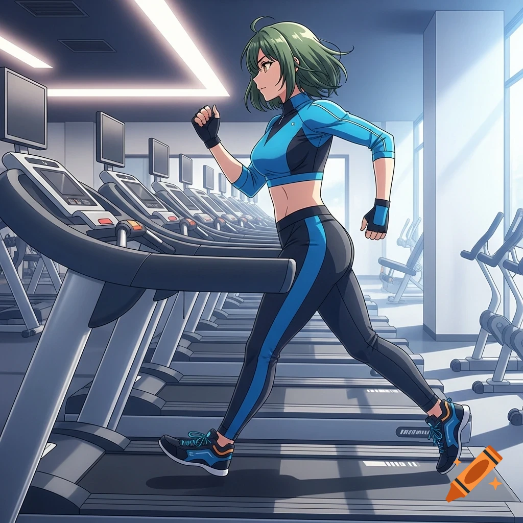 Anime style woman with green hair running on a treadmill in a gym, wearing a blue and black sporty outfit.