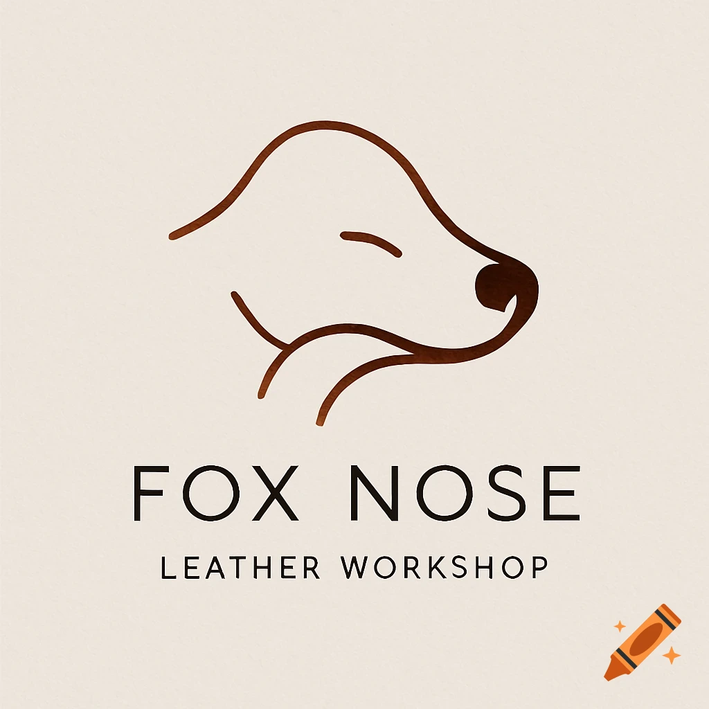 Minimalist logo featuring a brown line art fox head with closed eyes, above text reading 'FOX NOSE LEATHER WORKSHOP' on beige.