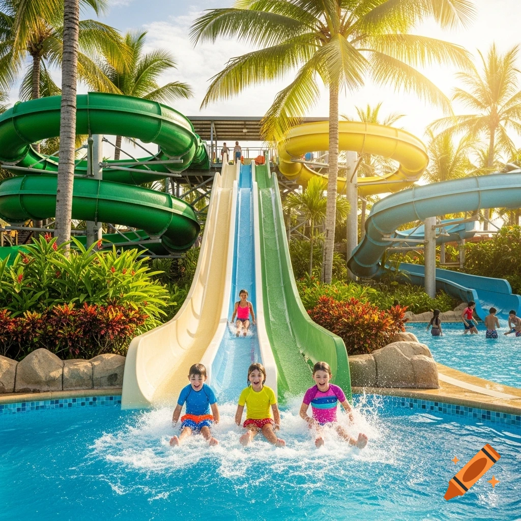 Three children splash into a pool from a water slide at a sunny water park with palm trees and colorful slides.