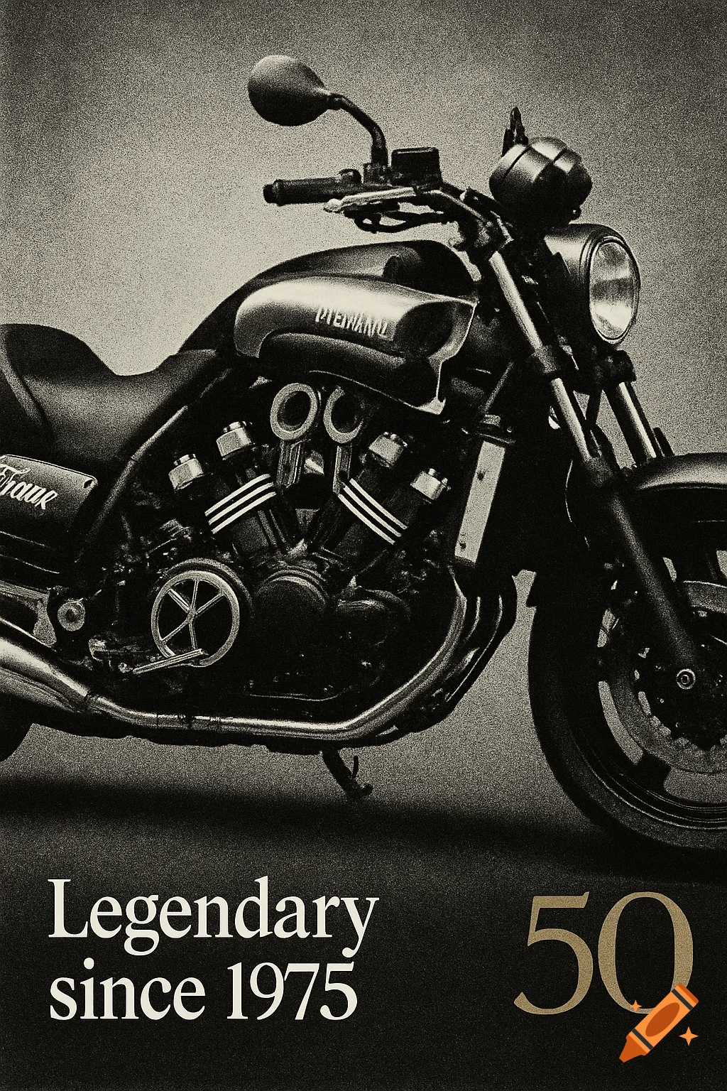 Sepia-toned artistic photograph of a Yamaha V-Max motorcycle, focusing on its V4 engine. Text reads "Legendary since 1975" and "50".