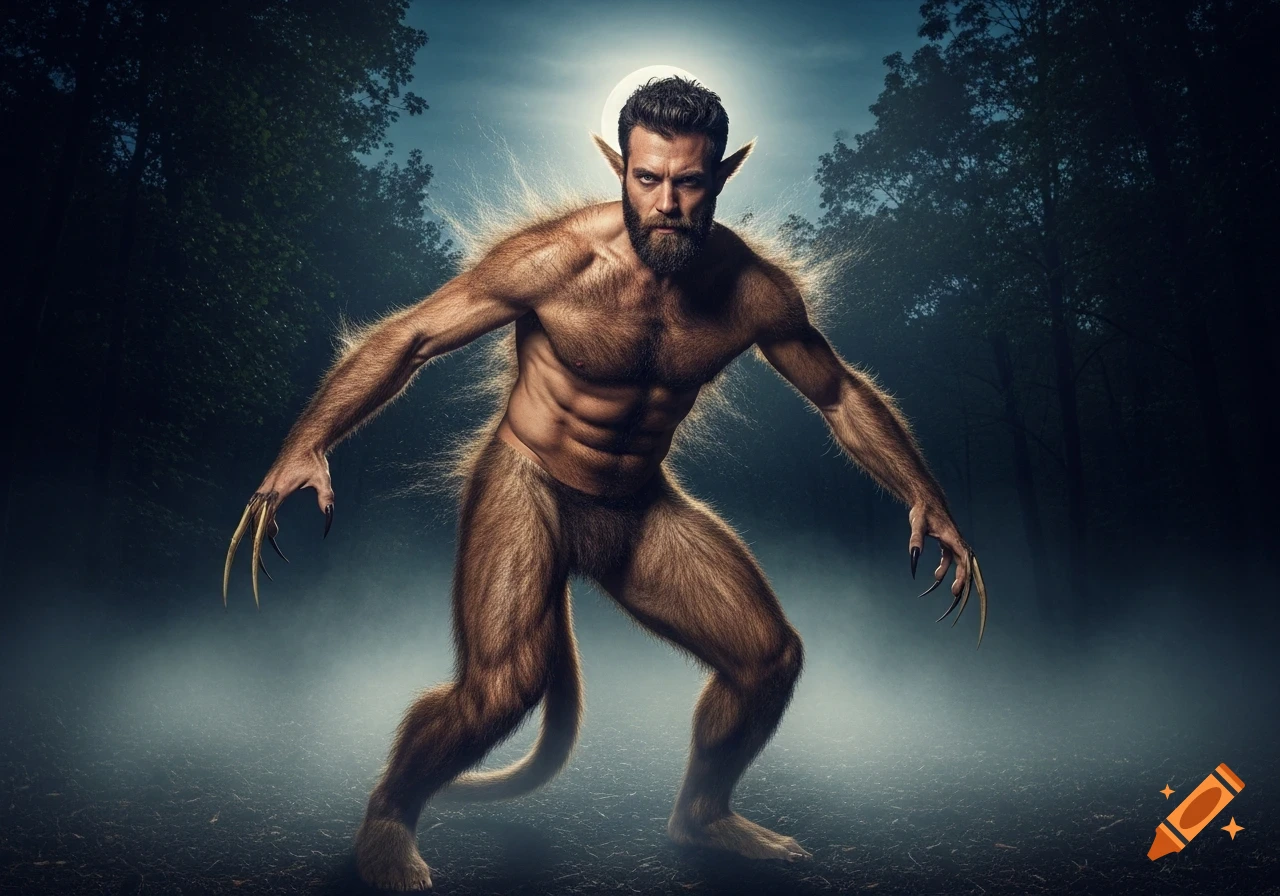 A muscular, hairy man with pointed ears and claws transforms into a werewolf in a dark forest under moonlight.
