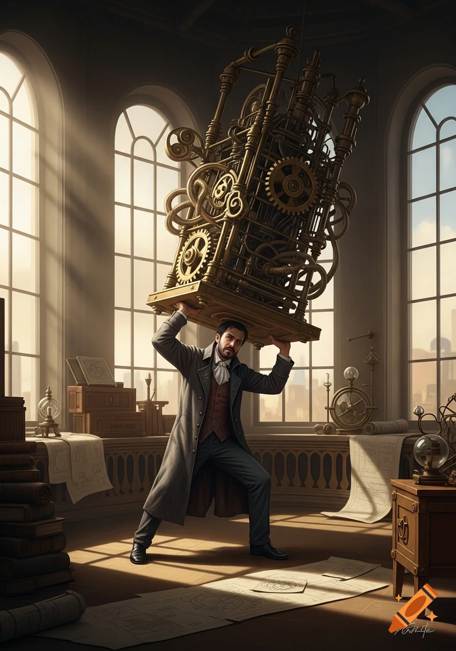 A man in a long coat struggles to lift a massive, intricate brass mechanism in a sunlit workshop with large arched windows and scattered blueprints.