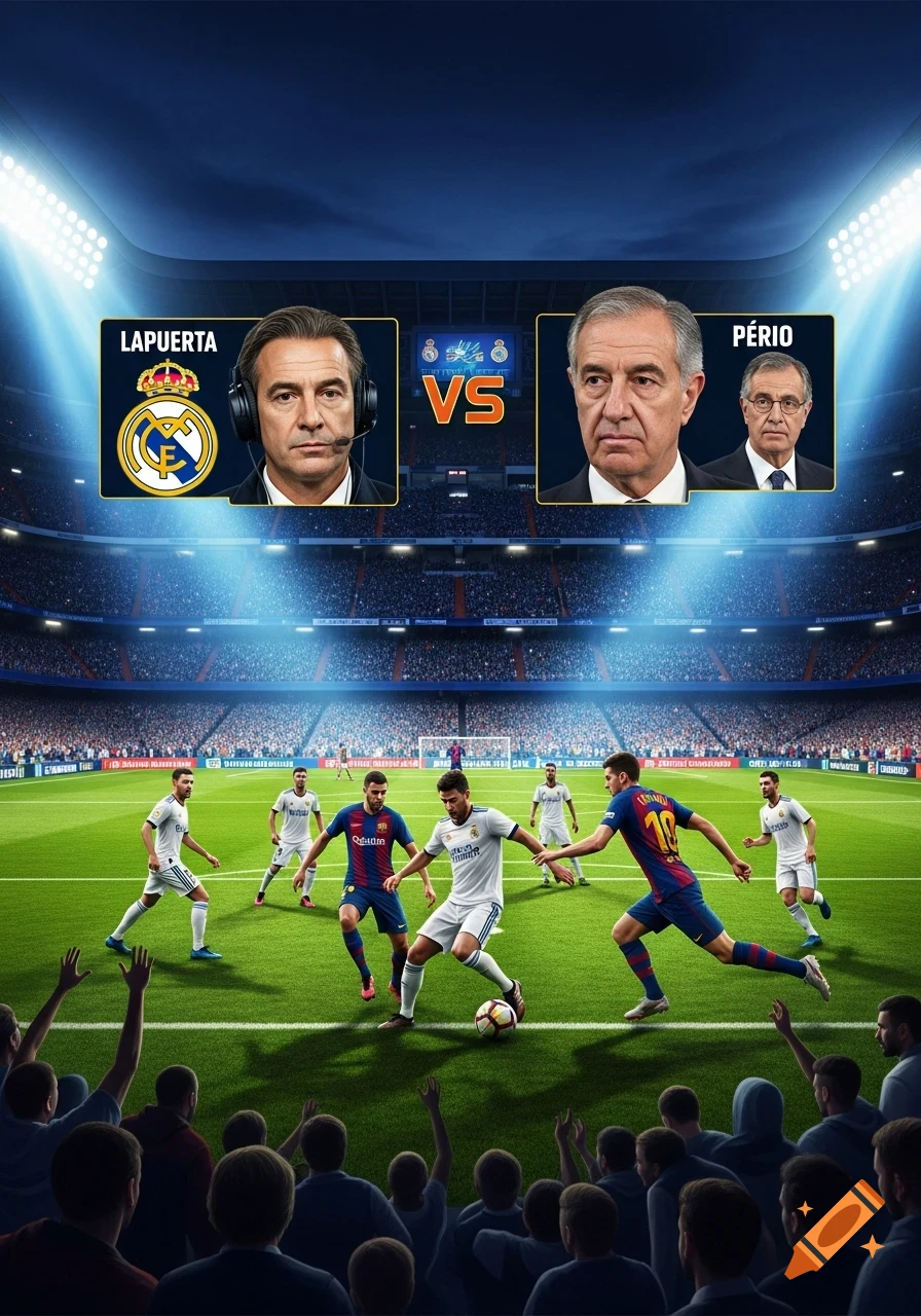 A vibrant illustration of a football match in a stadium with Real Madrid and FC Barcelona players, featuring portraits of Laporta and Pérez above the field.