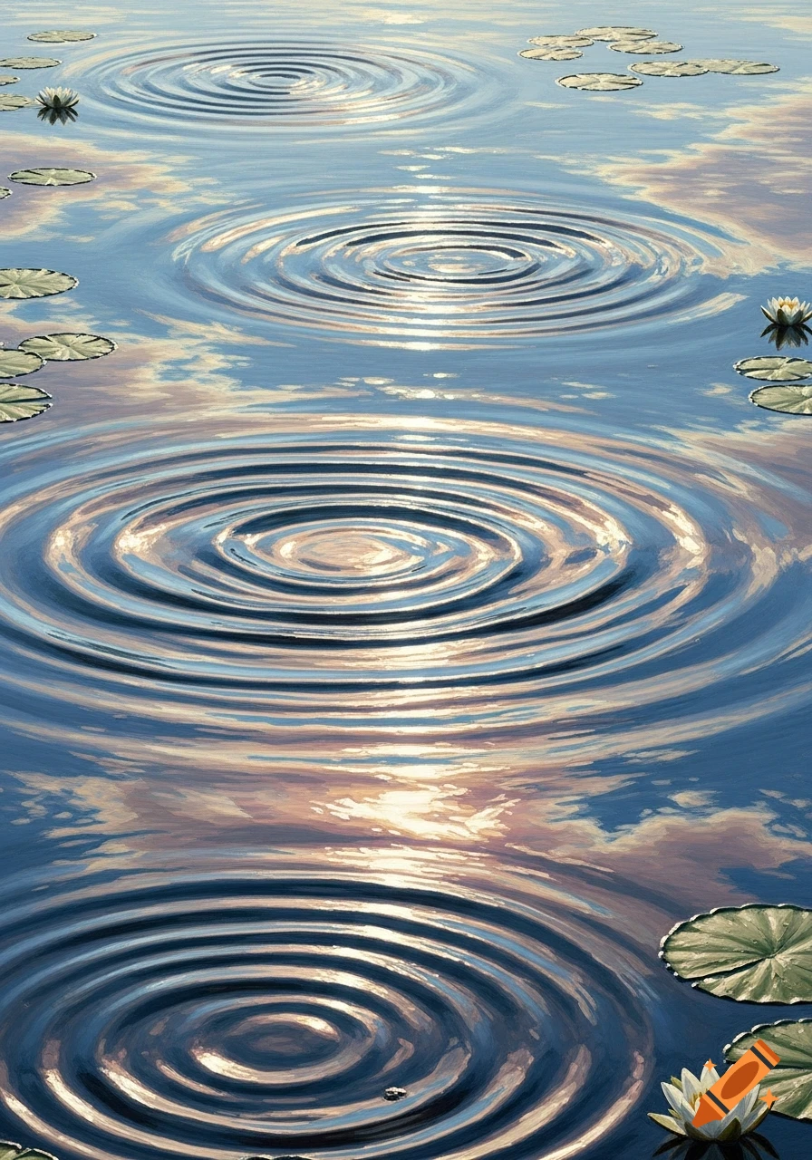 Photorealistic image of water with ripples, lily pads, and white water lilies reflecting the sky.