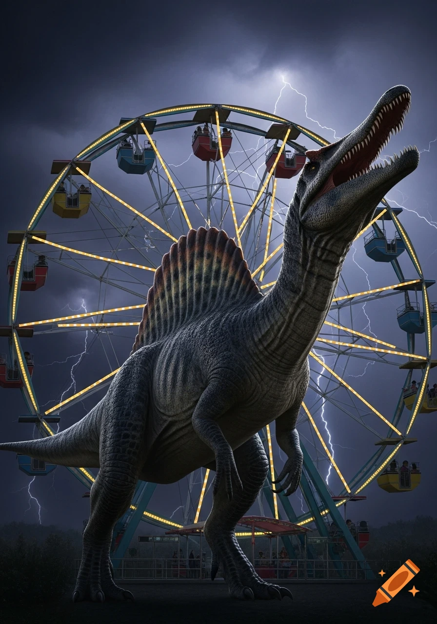 A realistic Spinosaurus stands in front of a brightly lit ferris wheel during a dark, stormy night with lightning.