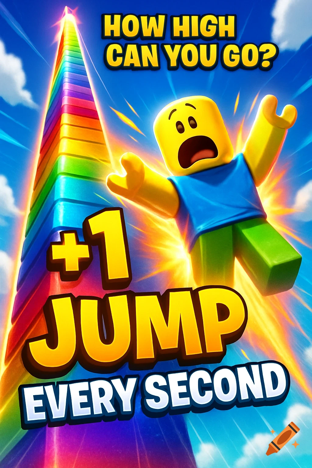 A shocked Roblox character launches next to a towering rainbow structure with text 'HOW HIGH CAN YOU GO? +1 JUMP EVERY SECOND' in a bright, cartoony style.