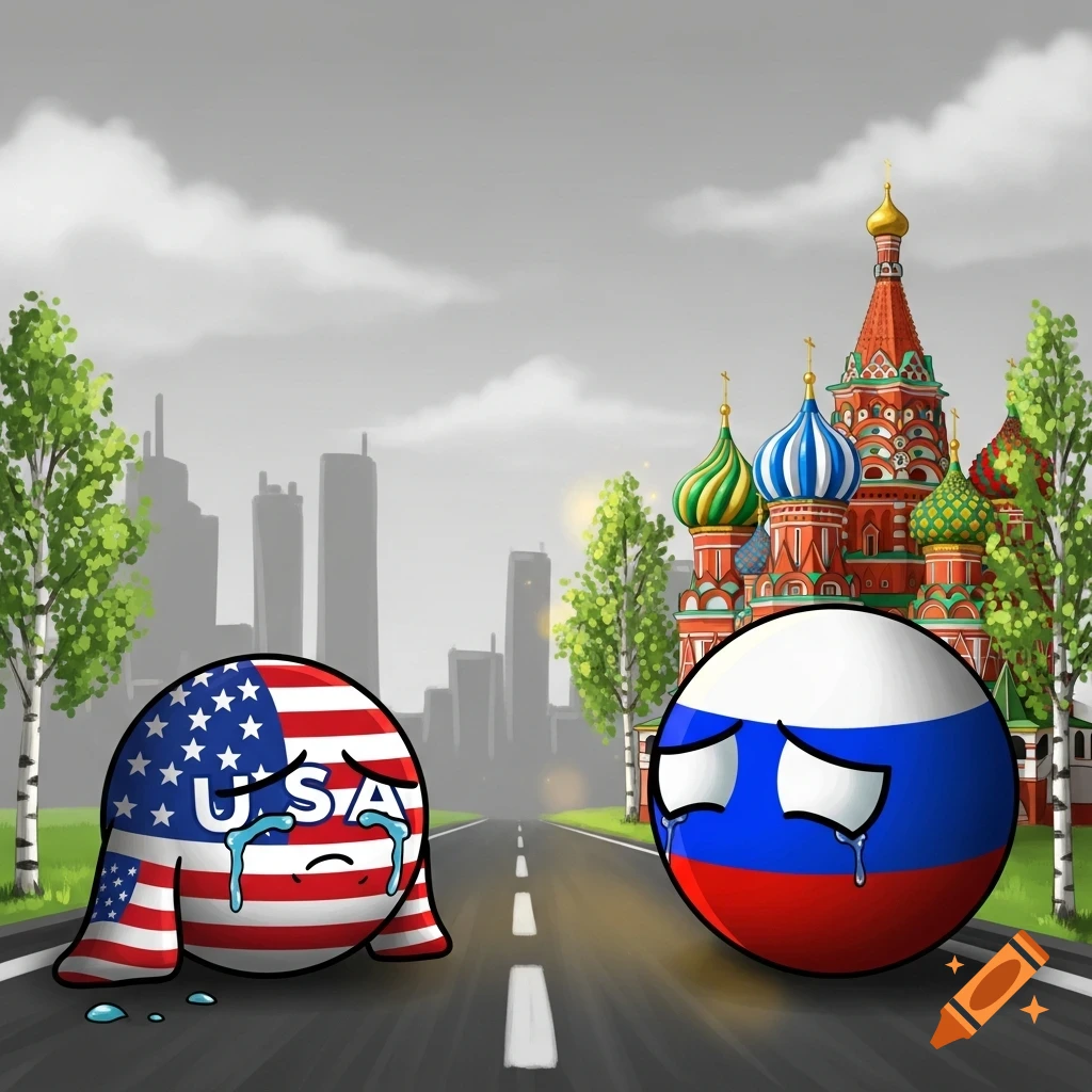 A cartoon USA countryball and Russia countryball crying on a road, with a city skyline and St. Basil's Cathedral in the background.