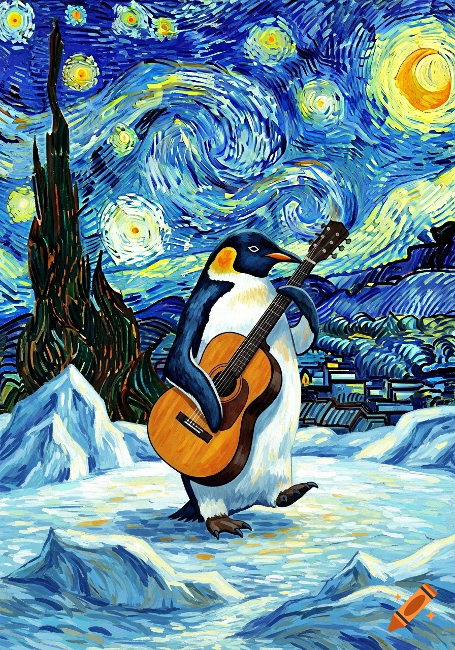A penguin plays guitar in a vibrant Van Gogh-style night scene with swirling blues, stars, and icy mountains.