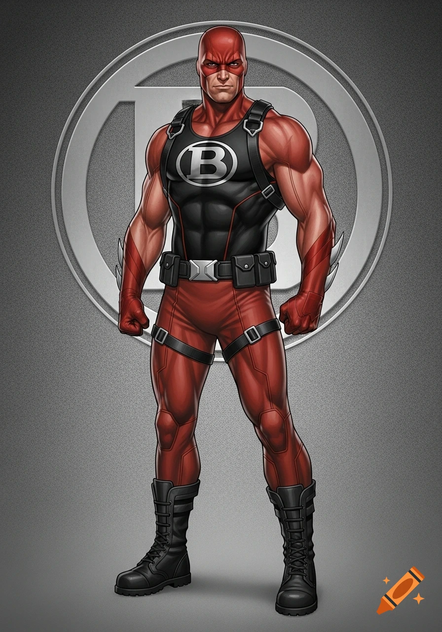 Muscular male superhero, Buzzard, in a red and black suit with a large 'B' symbol stands against a grey background.