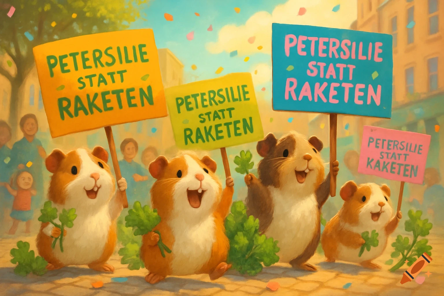 Cute guinea pigs hold protest signs saying "Petersilie statt Raketen" (Parsley instead of Rockets) amidst falling confetti.