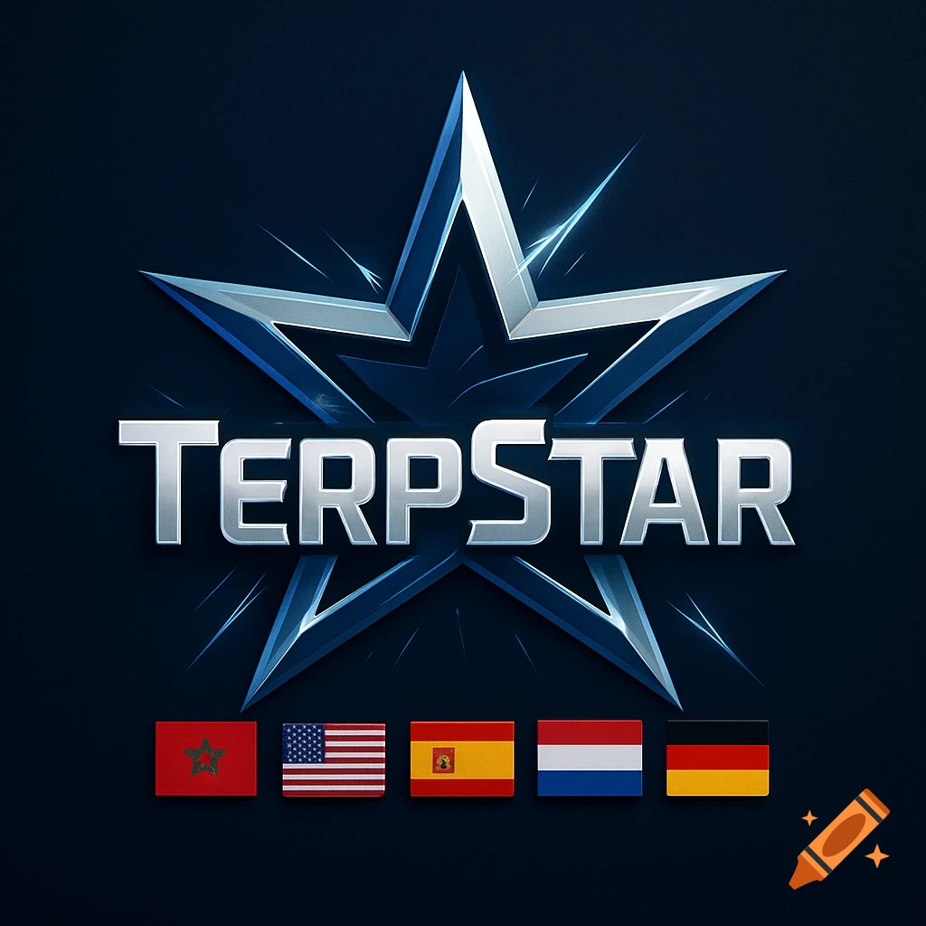 A metallic silver and blue star logo with 'TERPSTAR' in bold text, above small flags of Morocco, USA, Spain, Netherlands, and Germany.