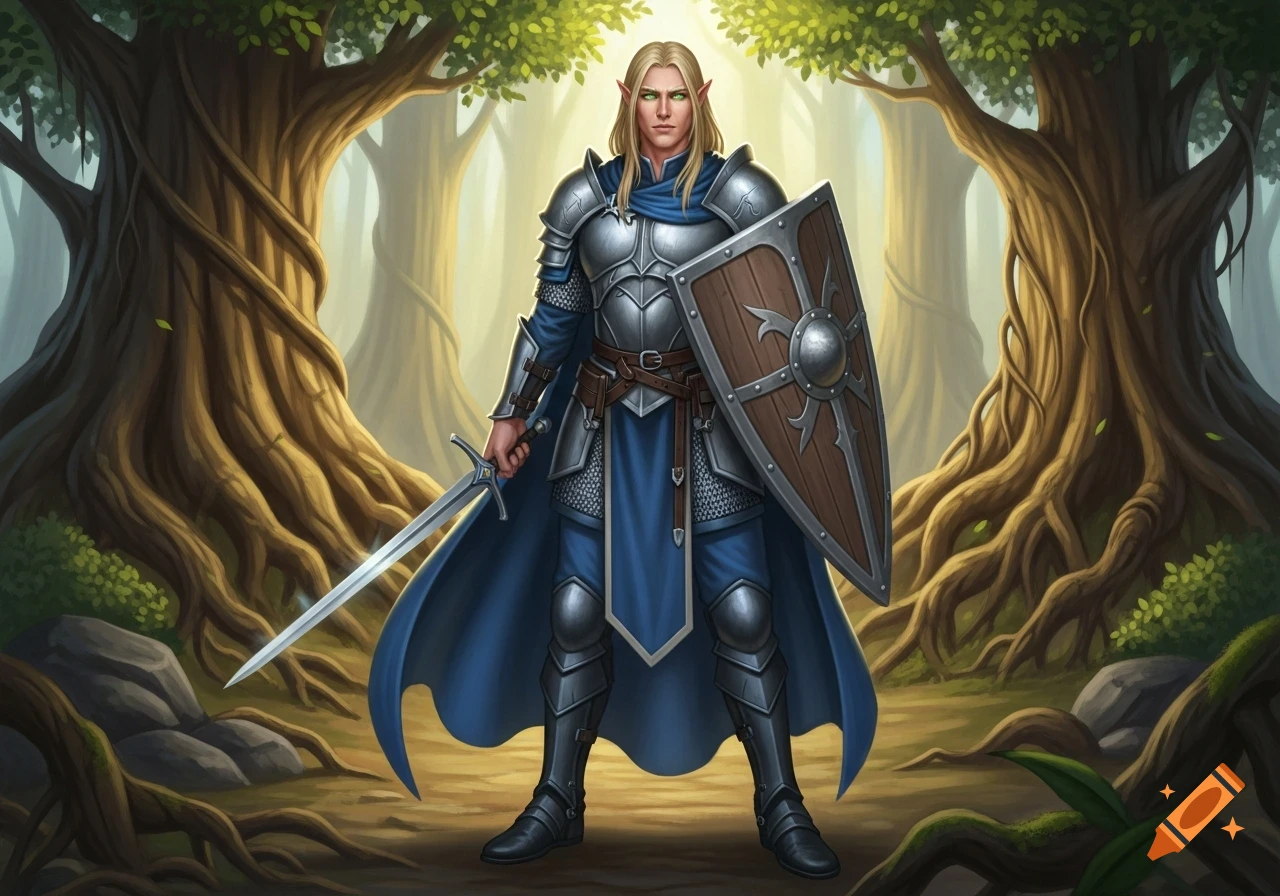 A slender male elf cleric with long blonde hair and green eyes, wearing silver armor and a blue cape, holds a sword and shield in a forest.